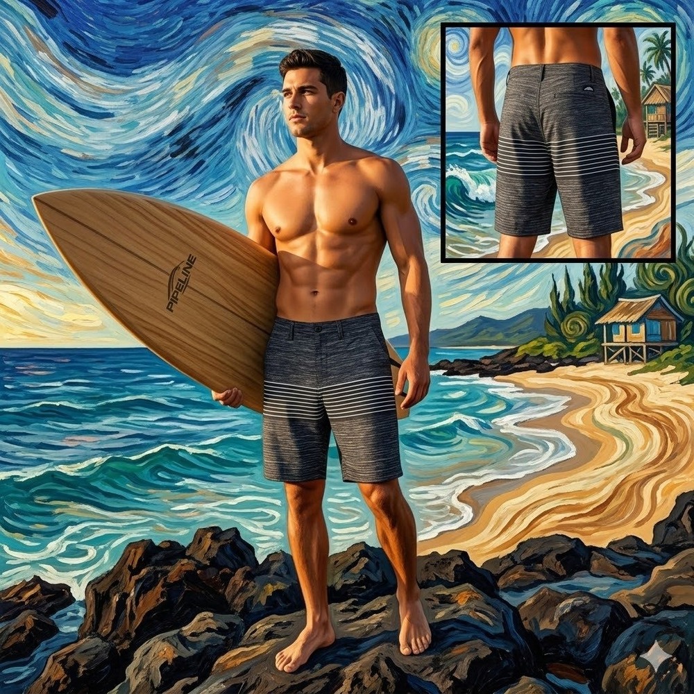 Pipeline Mens Hybrid Shorts 38‎ Black Grey Space Dye 4-Way Stretch S20008MH NWT
